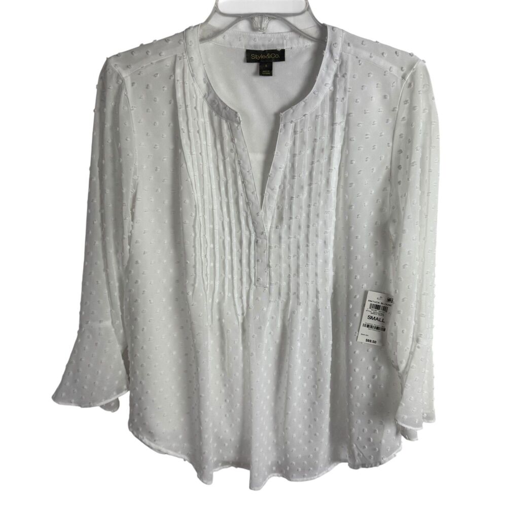 Style & Co Women's Blouse Top Size Small White Swiss Dot Lined 3/4 Sleeves NEW